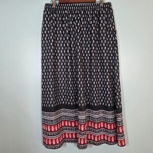 Milumia Women XL Boho Paisley Border Print Elastic Waist Maxi Skirt Black Red
